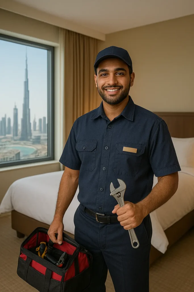 Professional room attendants making bed in luxury Dubai hotel suite