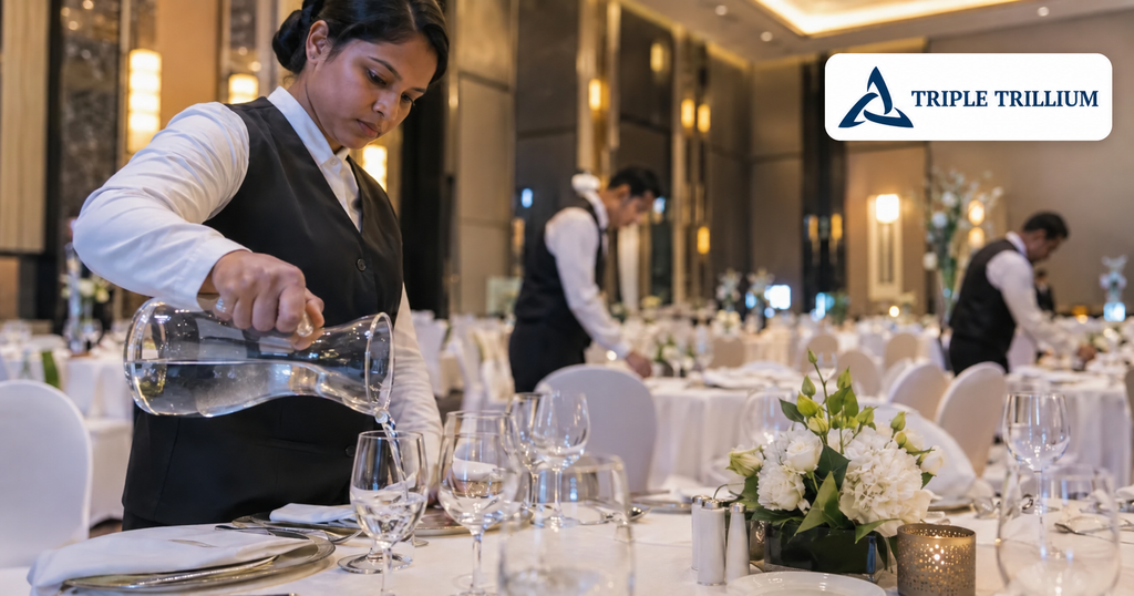 Catering service staff preparing tables for an event